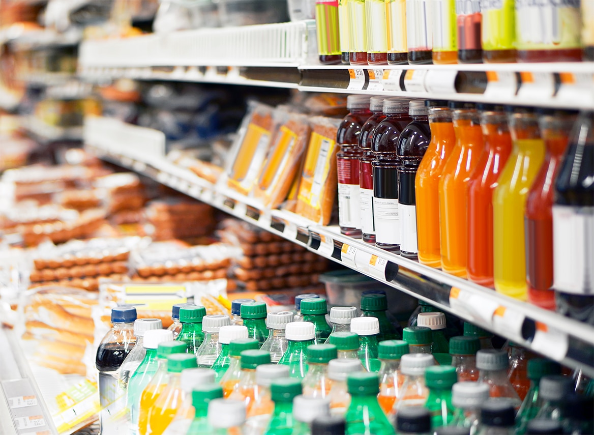food and beverages in grocery on shelf